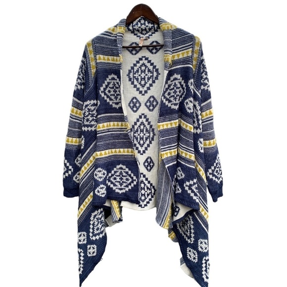 Navajo Print Open Front Cardigan Sweater Drap Front Blue Yellow Cream Size M - Picture 8 of 8